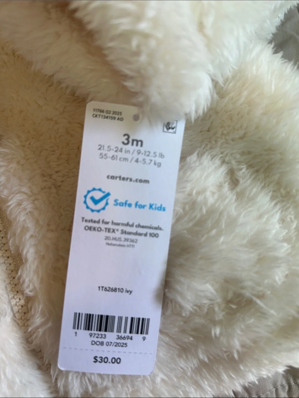 NWT Carter's Cream Plush Hooded Baby Jacket with Ear Detail
